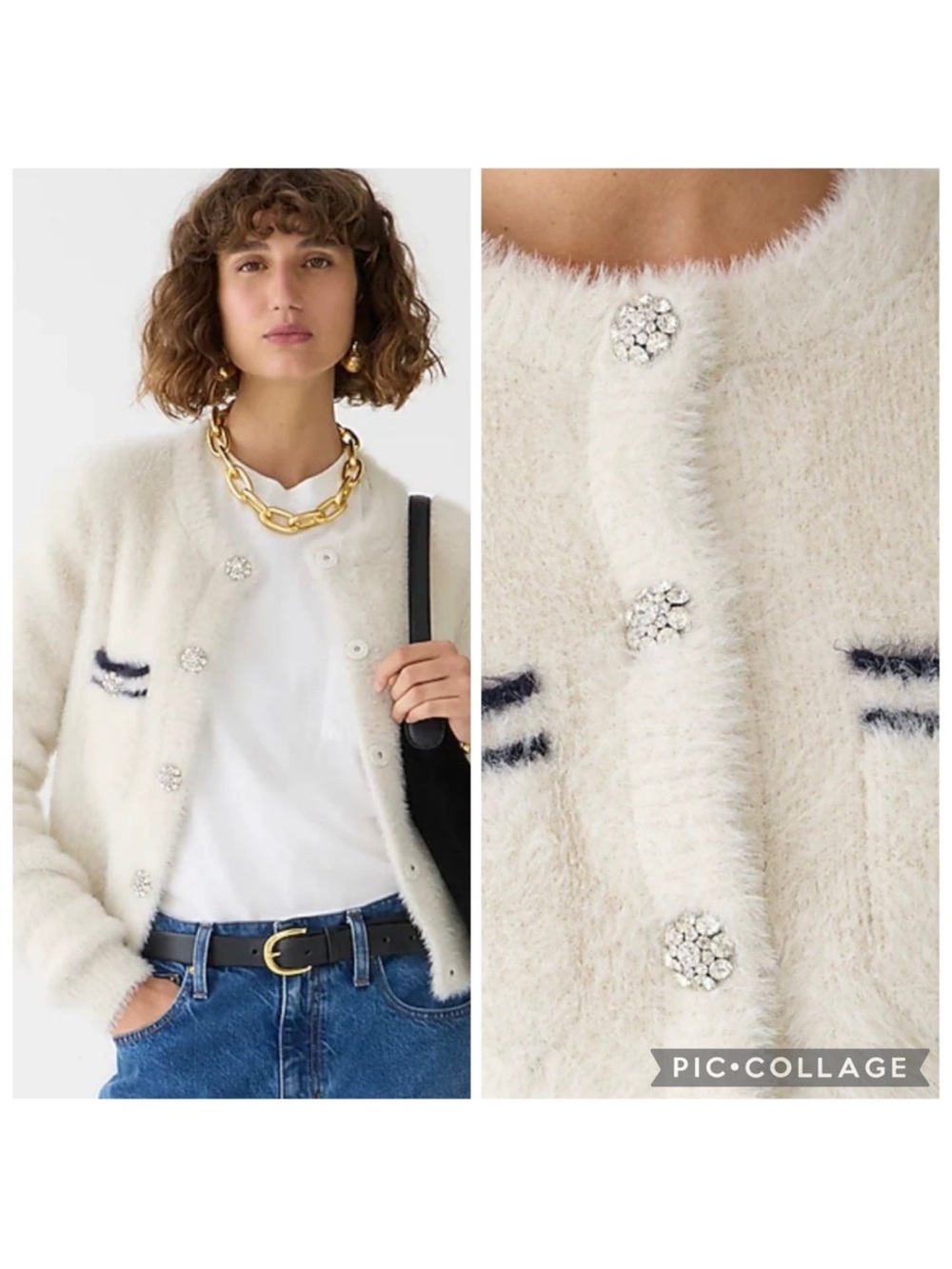 J Crew Sweater lady jacket in brushed yarn cream Crystal Buttons sweater Sz S